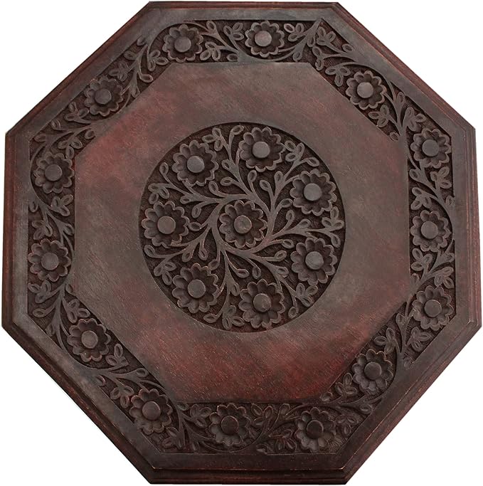 COTTON CRAFT Solid Wood Accent End Table - Hand Carved Vintage Boho Folding Side Table - Small Spaces Entryway Farmhouse Living Room Bedside - No Tools Assembly - 18x18 Octagon - Brown