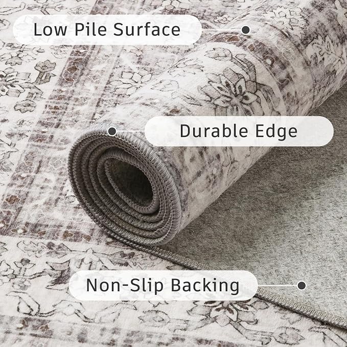 DCX Gray 8x10 Rug, Kid & Pet Friendly with Rubber Back Non Slip, Machine Washable Stain Resistant Vintage Traditional Distressed Carpet, Rug for Living Room, Bedroom, Home Decor