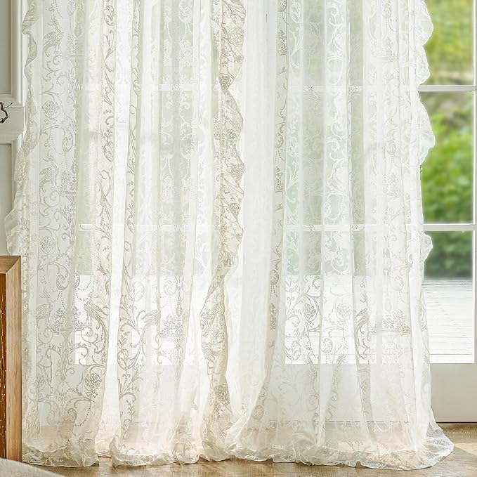 TUDECO Cream Lace Curtains 80 Inch Length, Floral Sheer Vintage Bedroom Decor, Ruffle Curtains 2 Panels, Light Filtering&Privacy, Rod Pocket Cute Decor for Living Room, 59W x 80L Inch