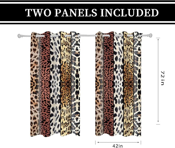 Wild Animal Print Curtain, Room Darkening Thermal Insulated Blackout Leopard Boa Window Drapes with Grommets for Living, Dining, Bedroom, Brown Leopard Print, 42"x 72", 2 Panels