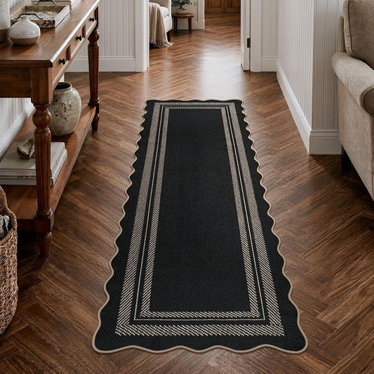 LIVEBOX Scalloped 2x6 Kitchen Runner Rug, Easy Jute Black Rugs for Entryway Hallway, Indoor Outdoor Washable Non Slip Rug Farmhouse Modern Carpet Door Mat for Porch Bedroom Laundry Room 6ft Entry