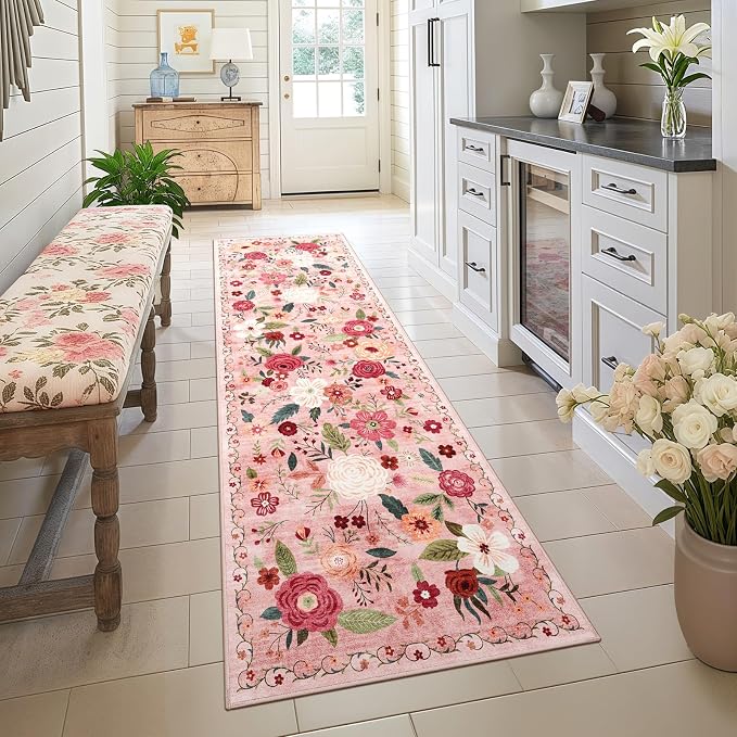 2x6 Machine Washable Runner Rug, Kitchen Hallway Area Rug Dark Pink Vintage Boho Floral Non-Slip Low Pile Soft Faux Wool Carpet Kids and Pets Friendly for Bedroom Entryway Nursery Home Decor Rug