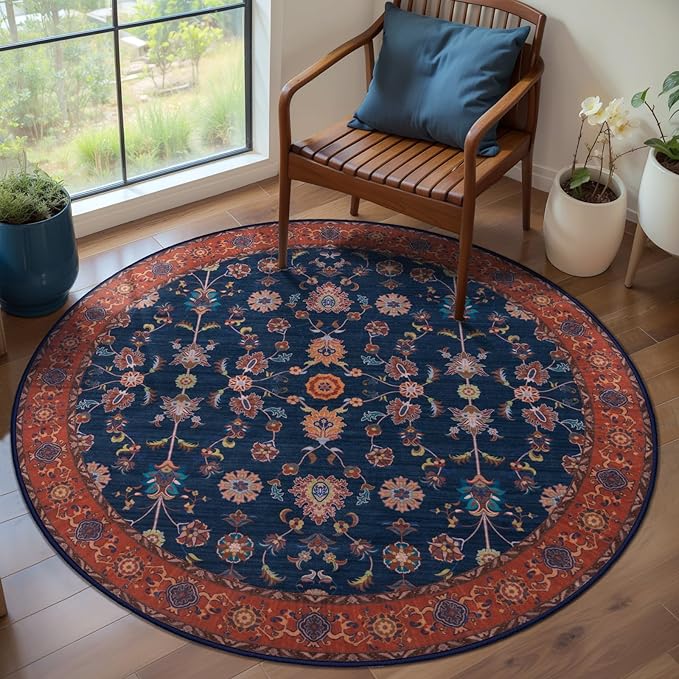 Tangsoo Vintage Round Rug 5ft Washable Circle Rug, Non Slip Boho Round Area Rug, Low Pile Red Blue Floral Circular Rugs,Machine Washable Round Carpet for Bedroom,Livingroom,Nursery,Dorm,Office,Dinning