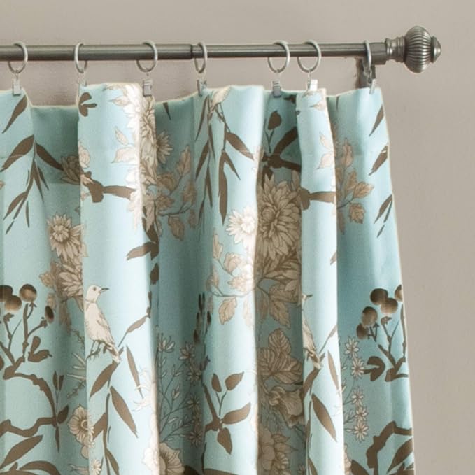 Lush Decor Botanical Garden Curtains Floral Bird Print Light Filtering Window Panel Drapes Set for Living, Dining, Bedroom (Pair), Blue, 52"W x 108L"