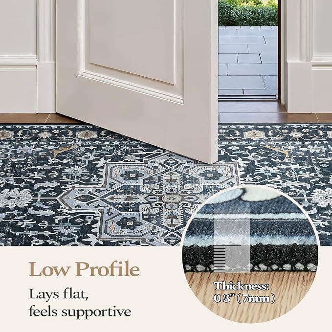 Rugflix 2x3 Small Area Rugs for Entryway, Washable Entrance Door Mat Non-Slip, Soft Low Pile Stain Resistant Vintage Boho Indoor Throw Rug for Hallway, Kitchen, Bedroom, Navy Blue