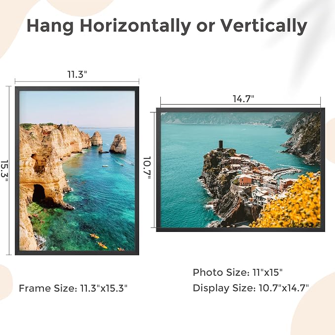 FLYJOE 11x15 Metal Picture Frame - Black Aluminum Picture Frames with Real Glass, Wall Mounting Horizontally or Vertically, Simple and Elegant Decor for Wall Gallery Poster Photo 15x11 Frame, Black