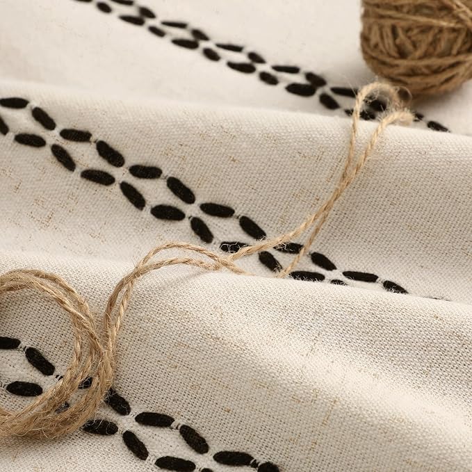 Beige Boho Blackout Curtains 2 Panels 96 Inch for Living Room Bedroom, Linen Texture Farmhouse Curtains with Tassels and Black Cotton Embroidery Vintage Rustic Western Rod Pocket