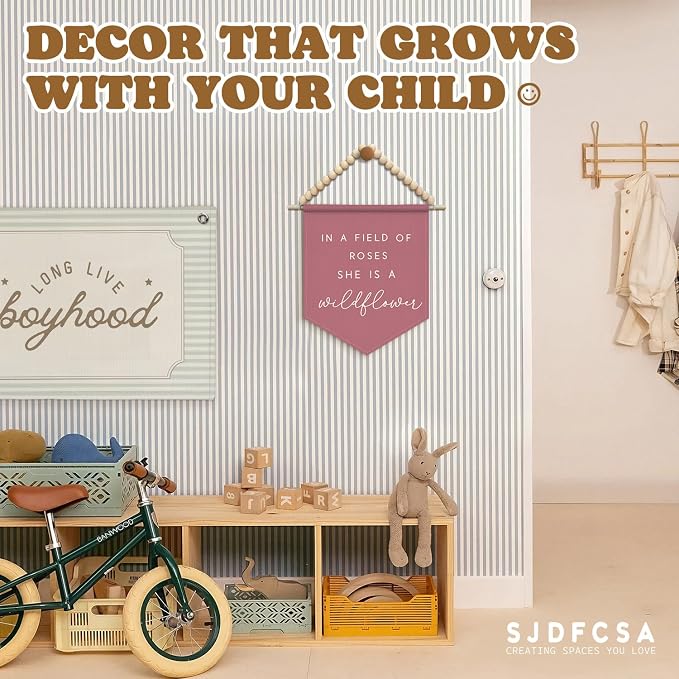 SJDFCSA Pink Girl Nursery Wall Art Decor, Wildflower Nursery Decor, in a Field of Roses She Is a Wildflower Boho Wall Hanging Display Pennant Flag for Baby Girls Toddler Kids Room Bedroom Playroom