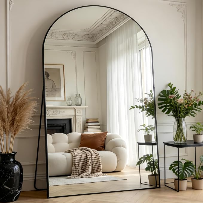 Prywot Full Length Mirror, Oversized 86"x46" Arched-Top Floor Mirrors, Modern Full Body Mirrors with Stand, Wall Mirror with Aluminum Alloy Frame for Bedroom,Living Room, Black
