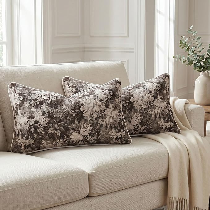 Vintage Floral Throw Pillow Covers 12x20 Inches Set of 2 Lumbar Farmhouse Pillow Cases Premium Chenille Textured Decorative Cushion Covers for Couch Retro Garden Farmhouse Style Coffee