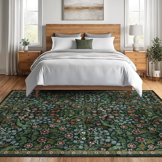 8x10 Washable Area Rug for Living Room, Green Floral Non-Slip Non-Shedding & Easy Care Soft Low Pile Forest Boho Indoor Floor Carpet for Living Room Bedroom Farmhouse Dining Room Kids Playroom