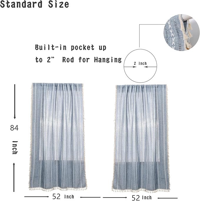 RoomTalks Boho Curtains for Bedroom Living Room 63 Inch Length Light Blue Country Farmhouse Cottage Window Curtain Panels Embroidery Striped Bohemian Tassel Draperies (63’’L x 52’’W, Blue)
