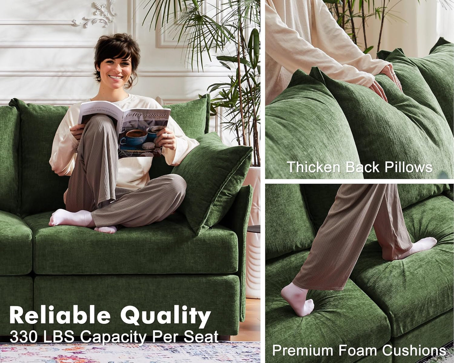 102.6" Modular Sectional Sofa, Oversized 3-Seater Green Couch with Removable Chenille Fabric Cover, Deep Seat & High Backrest for Living Room, Office & Apartment