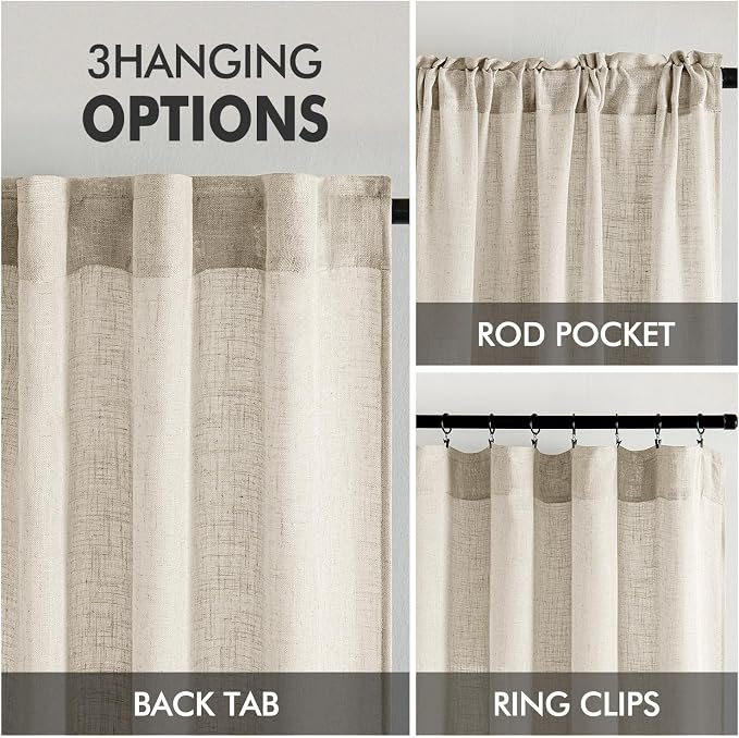 MIULEE Cream Linen Curtains 90 Inch Long 2 Panels for Bedroom Living Room, Soft Linen Textured Window Drapes Semi Sheer Light Filtering Back Tab Rod Pocket Farmhouse Modern Burlap Look Decor