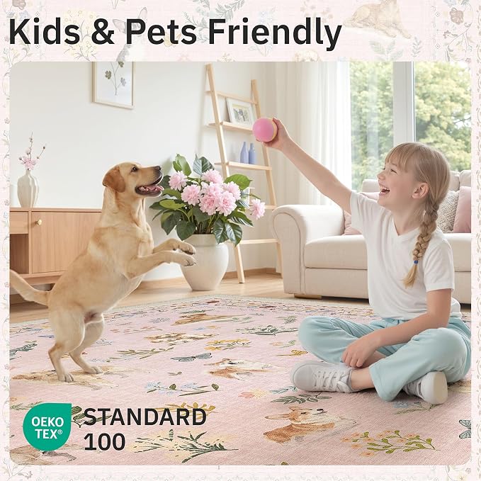 Soalmost Dog 6x9 Area Rugs for Living Room, Machine Washable Animal Floral Vintage Rug Non-Slip Low Pile Soft Throw Rugs for Bedroom Dining Room Kitchen Nursery Playroom (6 x 9,Pink)