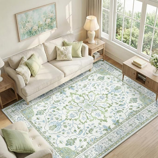 RELEANY Area Rugs 6'x8' Washable Non-Slip, Floral Vintage Distress Medallion Carpet for Living Room Bedroom Dining Room, Green White Blue