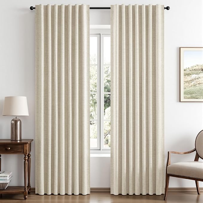 MIULEE 100% Blackout Linen Curtains for Bedroom, Cream Solid Luxury Decor Thermal Insulation Room Darkening Drapes for Living Room Back Tab Rod Pocket 42 x 72 Inches, 2 Panels