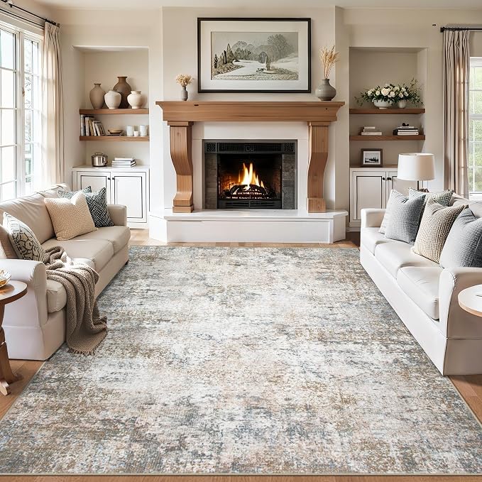 Area Rugs Living Room Rug - 4x6 Washable Modern Abstract Soft Neutral Non-Slip Carpet Large Indoor Floor Stain Resistant Thin Carpets for Bedroom Dining Room Farmhouse Nursery Home Office Brown Grey
