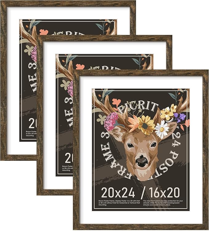 Picrit 20x24 Picture Frame 3 Pack, Wooden Brown Rustic Poster Frame, Display Poster 16 x 20 with Mat or 20 x 24 without Mat for Horizontal or Vertical Wall Mounting