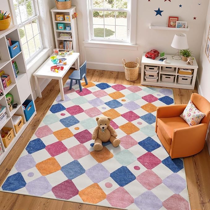 jinchan Macy 6x9 Kids Area Rug for Classroom Modern Colorful Nursery Rug Checkered Diamond Play Mat Washable Soft Non Slip Carpet for Playroom Living Room Bedroom Daycare Berries on Cream