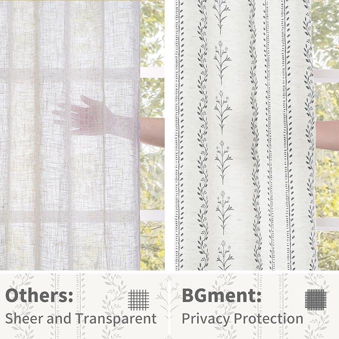 BGment Short Boho Curtains Leaf Floral Print Cottage Core Botanical Curtains for Bedroom Light Filtering Curtain 54 Inch Long for Farmhouse Rustic, Each 52 Inch Wide, 2 Panels Set, Dark Grey