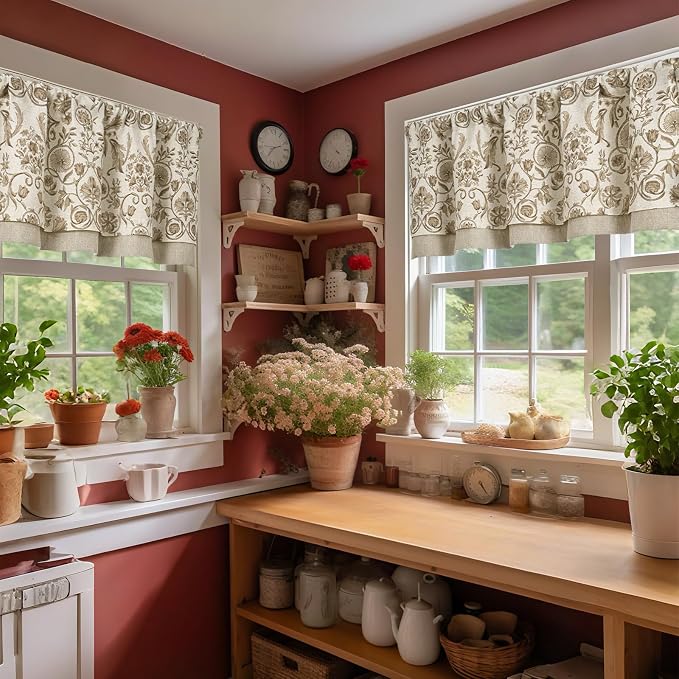 jinchan Linen Valance Kitchen Curtain for Windows Double Layer 16 Inch for Living Room Bedroom Window Treatment Light Filtering Vintage Rustic Farmhouse Cottagecore Rod Pocket 1 Panel Taupe on Beige