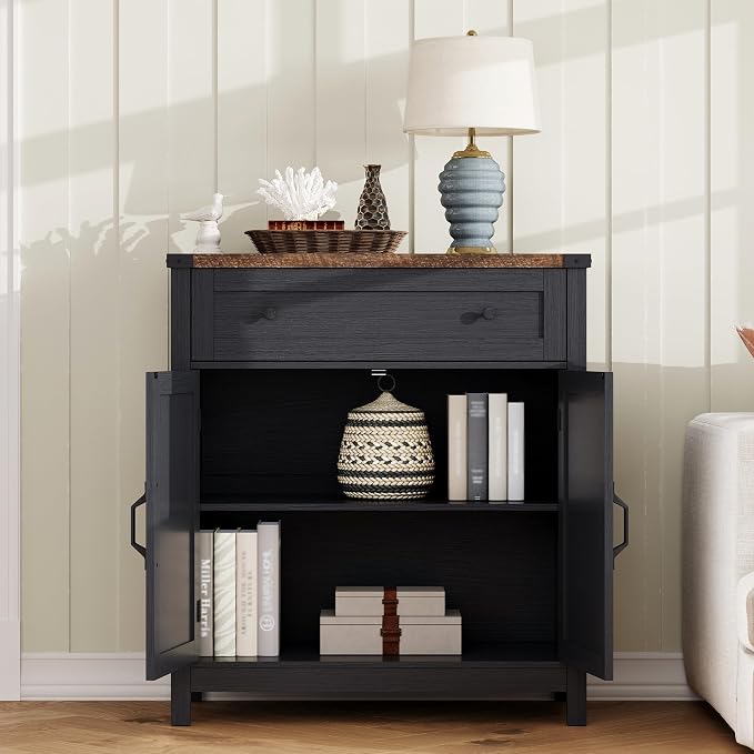 ChooChoo Kitchen Storage Cabinet, Coffee Bar Cabinet, Farmhouse Buffet Sideboard with Drawer for Kitchen, Living Room, Black