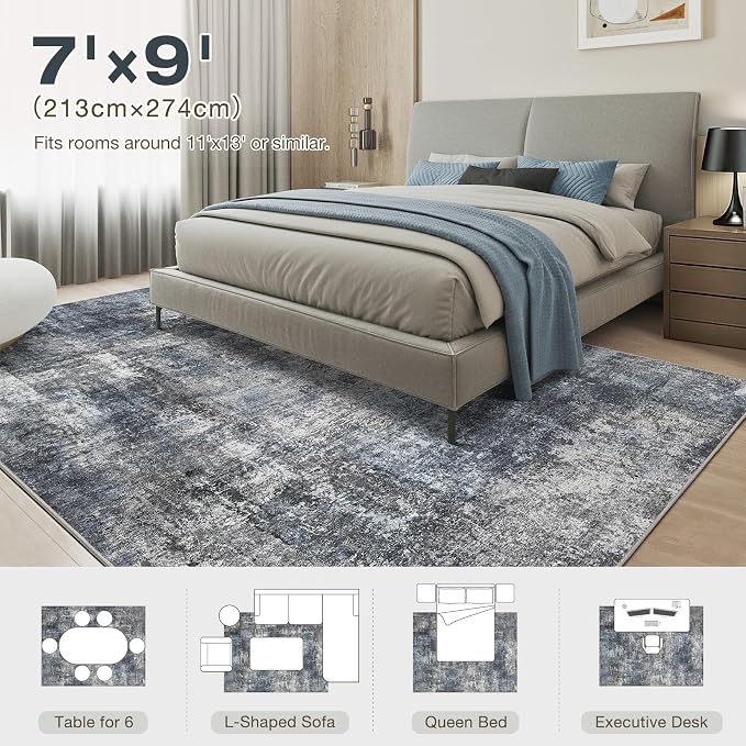 Abstract 7x9 Area Rug: Machine Washable Non Slip Ultra Thin Low-Pile Carpet, Soft Stain Resistant for Living Room Bedroom Nursery, Kid Pet Friendly, Robot Vacuum Compatible - Dark Grey/Blue