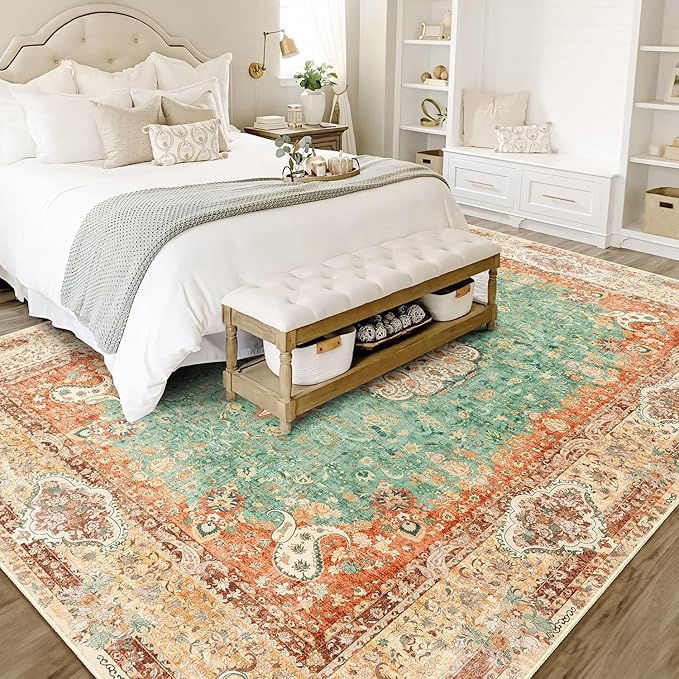 8x10 Area Rugs Washable,Boho Rug for Living Room Bedroom Dining Room,Large Vintage Bohemian Distressed Farmhouse Carpet Non Slip,Retro Orange Green Floral
