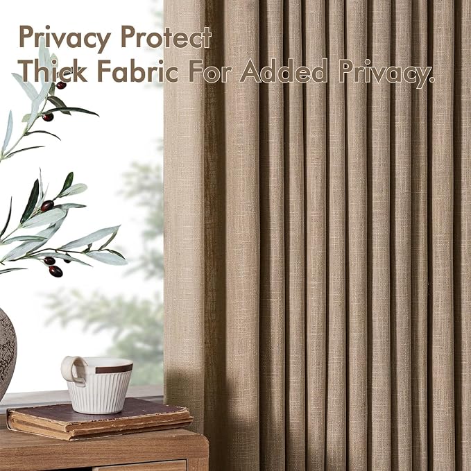 MIULEE Pinch Pleated Thick Linen Curtains 96 Inches Long 2 Panels for Living Room Bedroom, Linen Memory Trained Drapes Back Tab Light Filtering Country Farmhouse Burlap Brown Curtains with Hooks