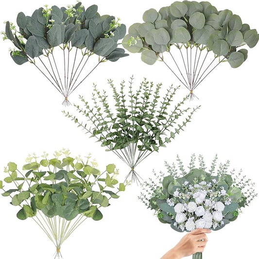 Eucalyptus Stems Bulk 60 Pcs, 4 Kinds Mixed Artificial Silver Dollar Eucalyptus Leaves Bundle Faux Greenery Branches for Wedding Vase Bouquet Floral Arrangement Centerpiece Home Decor