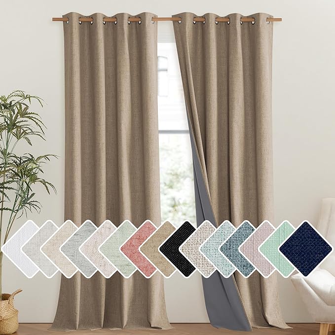 NICETOWN Burlap Vintage Open Linen Weave Flax Thermal Curtains, 100% Blackout Curtains 108" Long for Dining Room, Soundproof Window Treatment Drapes for Hall Room, 52" Wide Per Panel, Set of 2