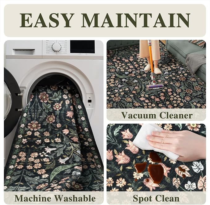 8x10 Washable Area Rug for Living Room, Floral Non-Slip Non-Shedding & Easy Care Soft Low Pile Forest Boho Indoor Floor Carpet for Living Room Bedroom Farmhouse Dining Room Kids Playroom Black