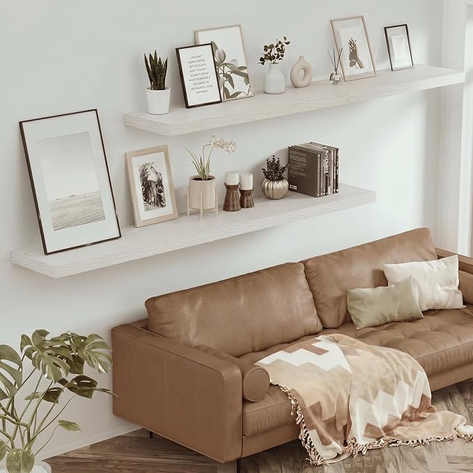 Vivelove 12" Deep Floating Shelves with Invisible Brackets, 60" Wall Shelves for Bathroom Bedroom Kitchen Living Room Laundry Room, Modern Rustic Shelves for Home, 60"x12"x2", Set of 1, White Birch