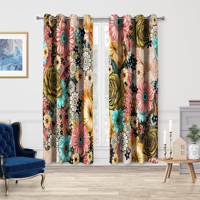 Jekeno Boho Floral Blackout Curtains Colorful Flowers Bohemian Spring Summer Decor for Bedroom Living Room Grommet Window Drapes 2 Panel Set, 42"x54"