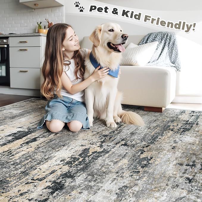 pmtsns Area Rugs 10x14 Living Room: Washable Rug Modern Abstract Neutral Soft Non-Slip Low-Pile Indoor Large Carpet for Bedroom Dining Room Playroom Home Office (Black Grey Brown, 10'x14')