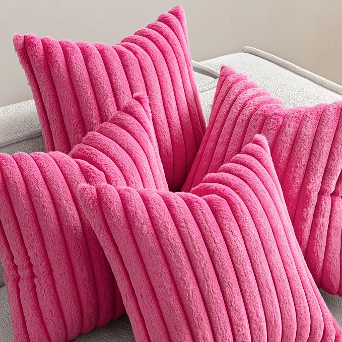 MIULEE Faux Fur Plush Decorative Throw Pillow Covers 18x18 Set of 4, Spring Modern Soft Fuzzy Striped Cushion Covers for Sofa Couch Bed Living Room Cozy Home Decor,Hot Pink