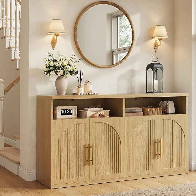 Fluted Buffet Cabinet with Storage, 63" Wide Wood Sideboard Credenza with 4 Doors & Open Storage Shelf, Modern Kitchen Entryway Accent Table for Dining Room Living Room, Kitchen, Hallway, Oak