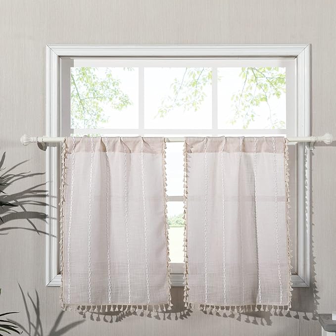 RoomTalks Boho Kitchen Curtains 36 Inch Length French Striped Farmhouse Vintage Chic Textured Tassel Short Cafe Curtains for Small Window Kitchen Bathroom Bohemian Decor (36’’L x 24’’W, Beige)