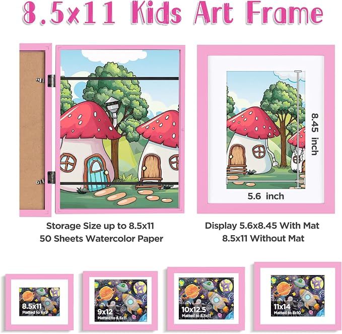 KINLINK 8.5x11 Kids Art Frame 2 Pack, Solid Wood Artwork Frames Changeable, Front Opening Hold 150 Pictures, Art Frames for Kids Artwork, 6x9 with Mat 8.5x11 without Mat, Picture Frames Light Pink