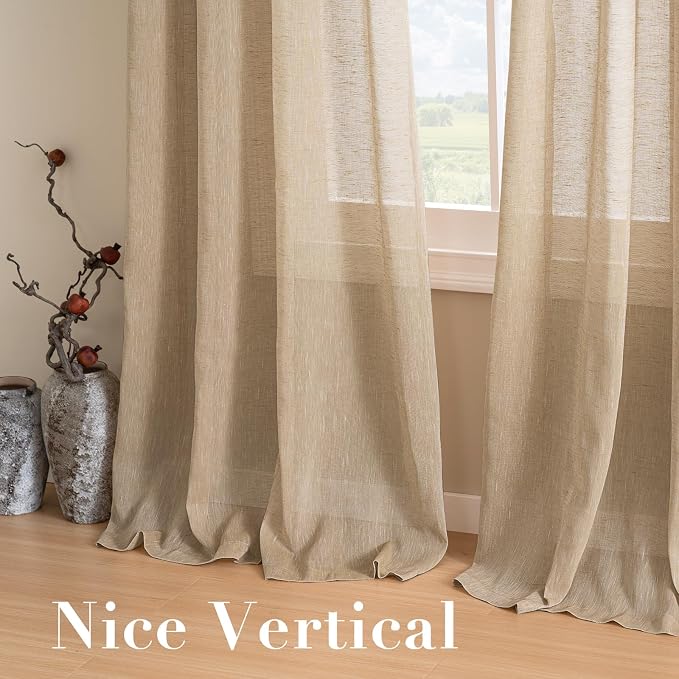 Window Treatments Linen Curtain Panels Open Weave - Natural Linen Blended Sheer Curtains with Nickel Grommet for Living Room, Privacy Assured (Taffy, 52"W x 72"L, Set of 2)