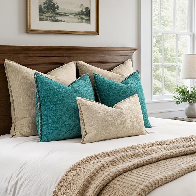 MIULEE Pack of 2 Couch Throw Pillow Covers 22x22 Inch Teal Farmhouse Decorative Pillow Covers with Stitched Edge Soft Chenille Solid Dyed Summer Pillow Covers for Sofa Bed Living Room