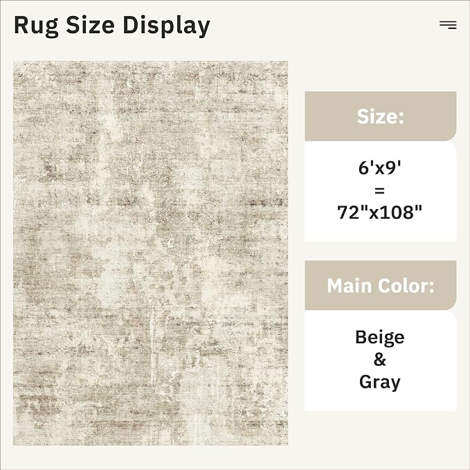Soalmost 6x9 Abstract Area Rugs for Living Room 6 x 9 Washable Non Slip Low Pile Gray Rugs for Bedroom Dining Room Foldable Thin Beige Gray