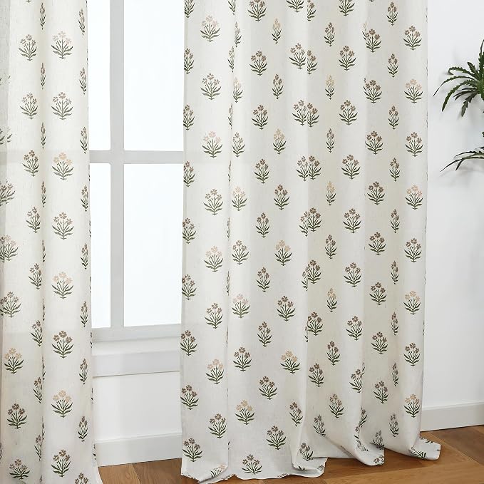 Brown and Green Vintage Floral Curtains for Living Room, Rustic Linen Semi Sheer Grommet Drapes, Country Farmhouse Dining Room Curtains 84 Inch Length 2 Panels Set