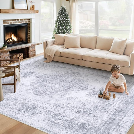 XLUEZ Area Rug 6x9 Living Room Rug, Machine Washable Vintage Distressed Medallion Rug Non-Slip Soft Low Pile Large Indoor Rugs for Bedroom Kitchen Dining Room Office(LightGrey,6'x9')