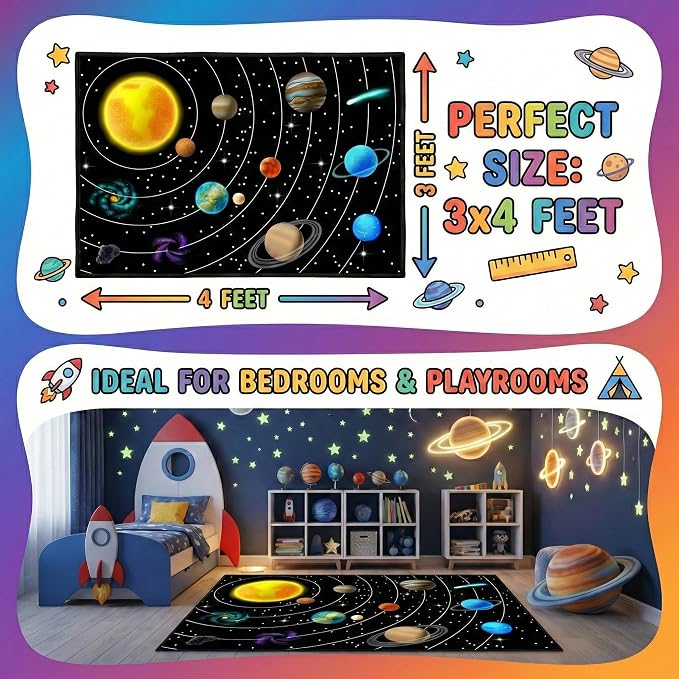 Space Rugs for Kids Bedroom,3'×4' Solar System Rug for Boys Room Outer Space Rug with Planet Design,Space Theme Carpet for Kids Room Decor