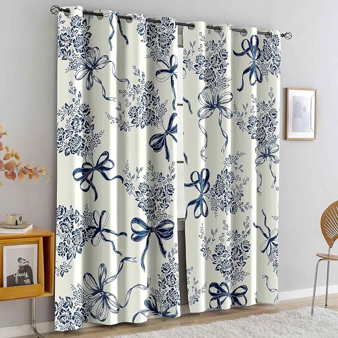 LUVIVIHOME Bow Curtains, Cute Floral Blackout Curtains for Girls Bedroom Living Room, Modern Aesthetic Bowknot Girly Room Decor, Grommet Window Drapes 2 Panel Sets, 52x63 Inch