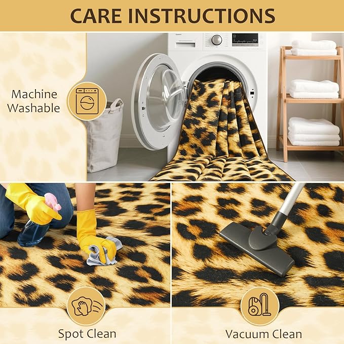 Soft Leopard Rug 6x9 Ft, Animal Print Rugs for Living Room Bedroom, Non-Slip TPR Backing for Hardwood Floors, Machine Washable & Easy to Clean, Pet Friendly Carpet for Kids, Yellow, Black