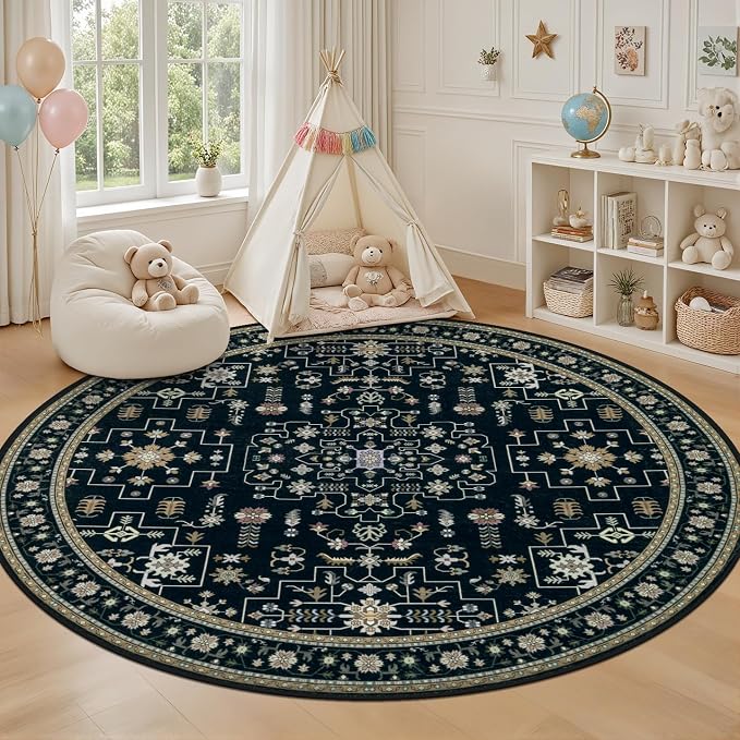 Round Area Rug for Living Room: 8 ft Washable Vintage Boho Soft Thin Circle Rug Indoor Floor No Slip Stain Resistant Carpet for Bedroom Dining Room Farmhouse Nursery Home Office -Black