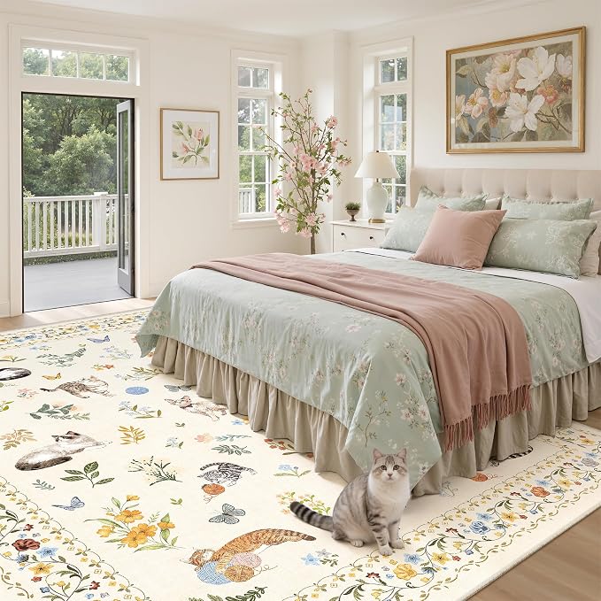 Soalmost Cat 8x10 Area Rugs for Living Room, Machine Washable Animal Floral Vintage Rug Non-Slip Low Pile Soft Throw Large Rugs for Classroom Bedroom Dining Room Nursery Playroom (8 x 10,Beige)